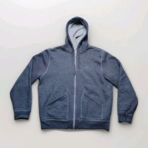 LACOSTE Hoodie Mens 7 Blue Full Zip Hooded Fleece Sweatshirt Logo Thin Stripe